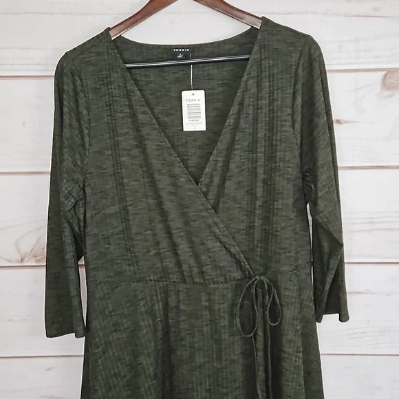 Torrid Mini Ribbed Knit Faux Wrap Olive Green Dress - Size 1